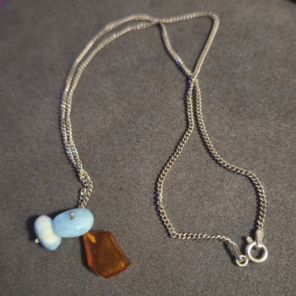 Jewelry - Sterling Silver Larimar & Raw Amber Pendant Necklace, Italian 925 Chain